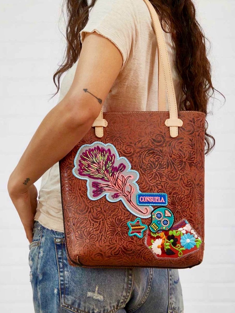 NWT Consuela Brown Tooled Leather Tote with Multicolor Embroidered Patches